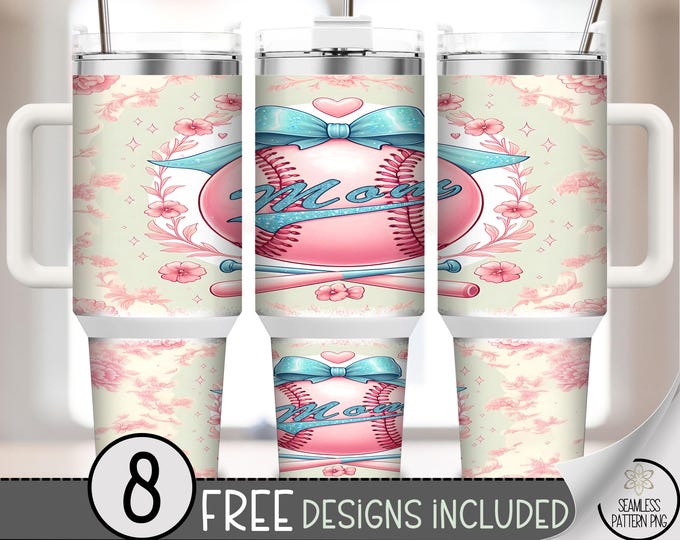 Baseball Mom 40 oz Tumbler Wrap PNG, Pink Glitter Floral Bow Softball Design for Sublimation, Girly Sports Mom Design, A367