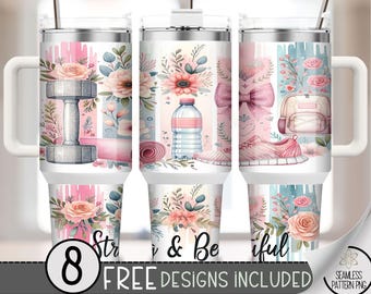 Exercise 40oz Tumbler Wrap, Gym Motivation 40 OZ Sublimation Design, Fitness 40oz Quencher Tumbler File, Floral Workout Tumbler Wrap, A52