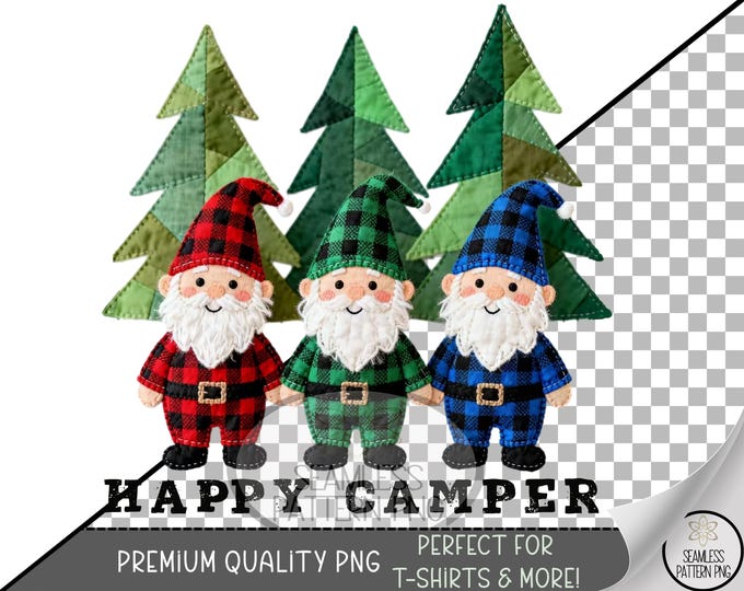 Camp Gnomes Sublimation Design, Smiling Gnome UV DTF Graphic, Camper Clip Art, Download Clip Art, Faux Patchwork Digital PNG File A794
