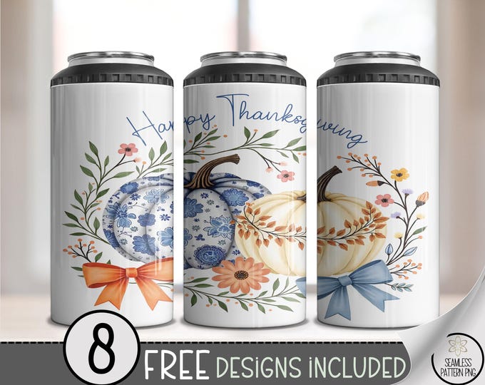Festive 4in1 Can Cooler Wrap, Cozy Thanksgiving Sublimation Design, Printable Autumn Pumpkin with Floral Patterns, Festive File, A478