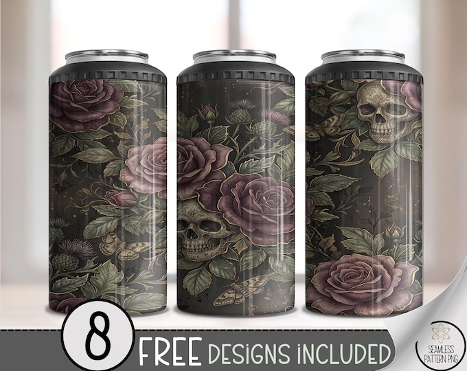 Gothic Skulls 4in1 Can Cooler Wrap, Purple Roses Sublimation Design, Digital Download, B10491