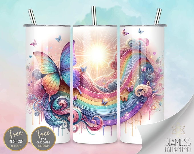 Watercolor Butterfly Rainbow Tumbler Wrap, 20 oz Skinny Sublimation Wrap, Glittery Vibrant Wrap, Straight Template, Instant Download PNG