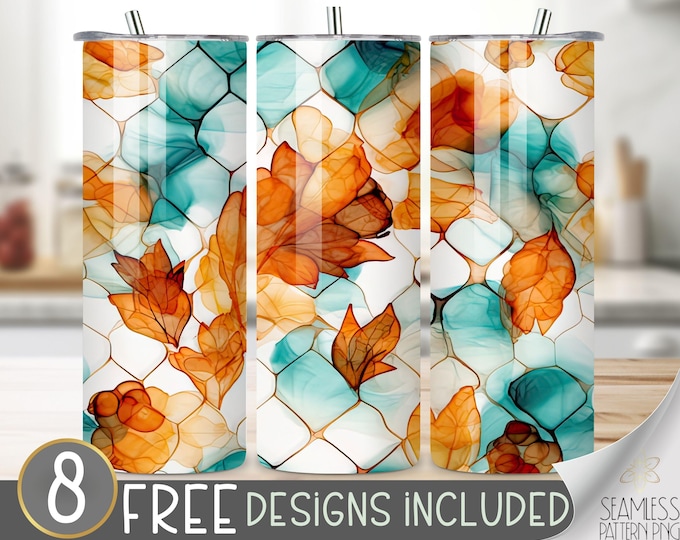 Alcohol Ink Fall PNG Leaves Tumbler Wrap Seamless Design, Autumn Leaves Sublimation Tumbler Design PNG, Fall Foliage 20 OZ Skinny Wrap