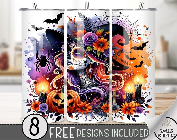 Halloween Witch Tumbler Wrap Png, Day Of The Dead Witch 20Oz Skinny Tumbler, Halloween 20 Oz Sublimation, Spooky Season Tumbler Digital PNG