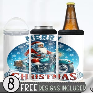 Motorcycle Can Cooler Wrap, Santa 16 oz 4-in-1 Cooler Sublimation, Biker Design File, Christmas Can Cooler PNG Wrap,Merry Christmas Bike PNG