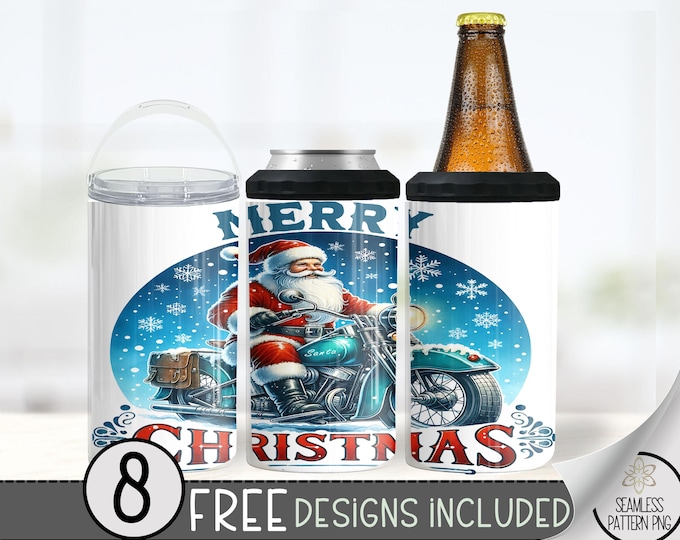 Motorcycle Can Cooler Wrap, Santa 16 oz 4-in-1 Cooler Sublimation, Biker Design File, Christmas Can Cooler PNG Wrap,Merry Christmas Bike PNG