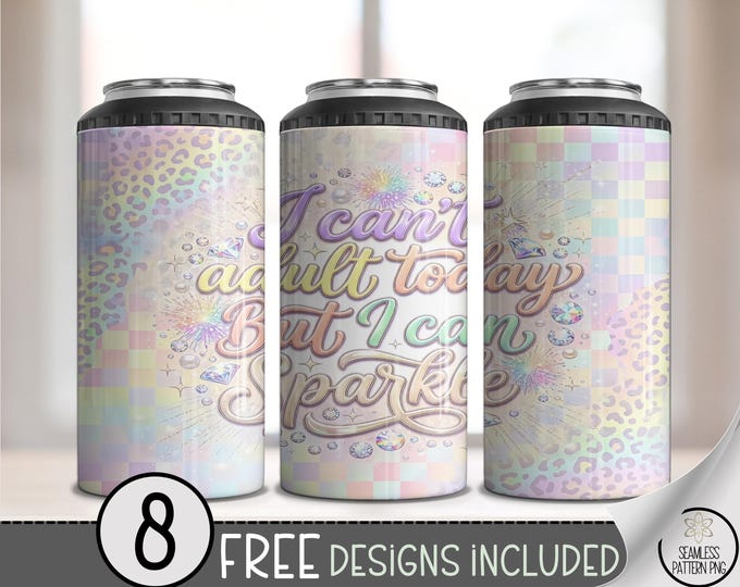 I Can't Adult Today PNG, Glittery 4-in-1 Can Cooler Wrap, Festive Pastel 4-In-1 Digital Download, PNG B10108