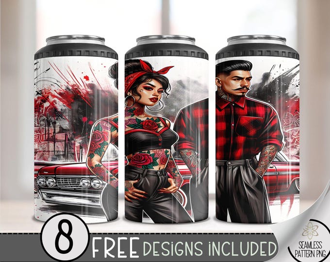 LA Chicano Girl Couple Cholo Couple 4in1 Can Cooler Wrap, Floral 4 in 1 Tumbler PNG, LA Sugar Skull 16 Oz Can Cooler Sublimation Design A54