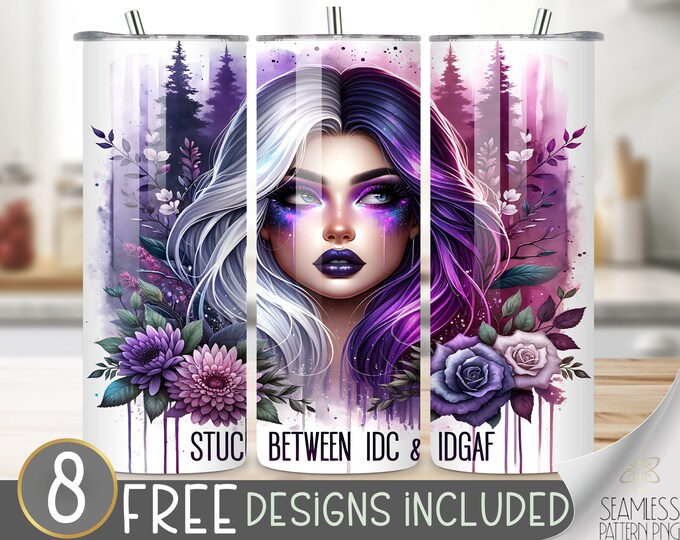 Stuck Between IDC & IDGAF Tumbler Wrap, Sarcastic Tumbler Design, Sarcastic Saying, Sassy Inspirational Quote, Glitter Purple Tumbler