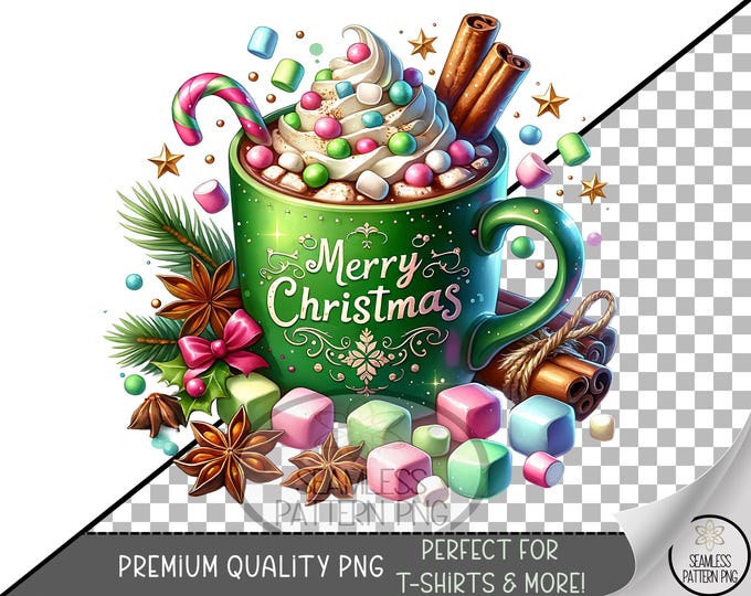 Festive Christmas Mug Sublimation Design, Cozy Digital Illustration, Hot Chocolate with Whipped Cream, Cinnamon, Christmas Holiday PNG, A462