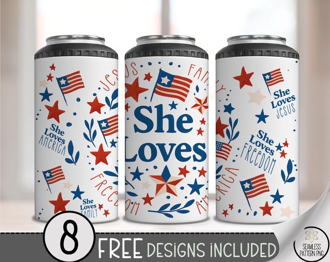 She Loves 4-in-1 Can Cooler Wrap PNG, Patriotic Family Faith Jesus Sublimation, Small Town USA Design, 4th of July PNG, Christian File, A262