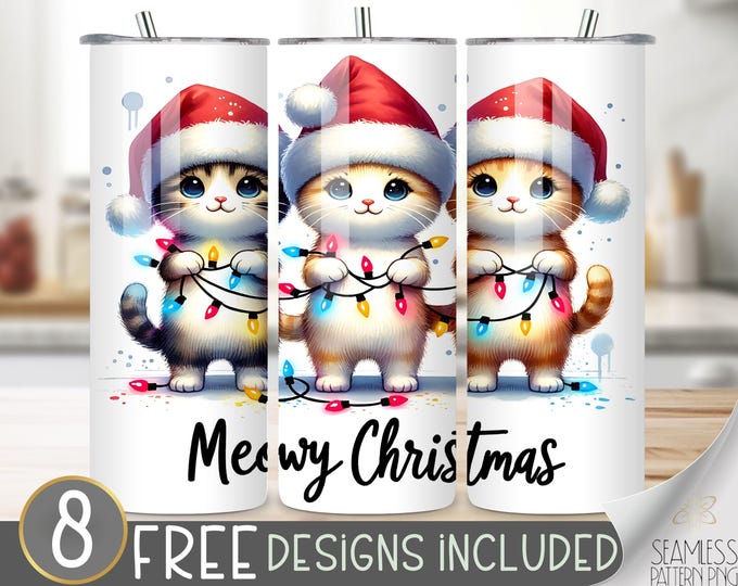 Christmas Cat Tumbler Wrap, Xmas Straight Tumbler Wrap Png. Gift For Cat Lovers, Christmas Tumbler Png,Funny Cat Tumbler Png,Meowy Christmas