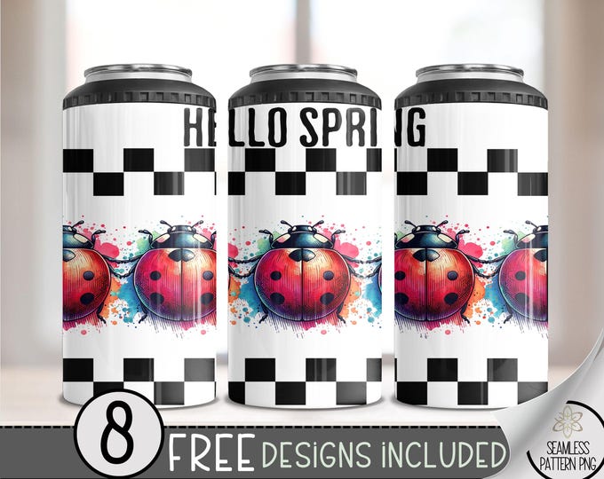 Lady Bu 4 in 1 Can Cooler Wrap, Ladybug 4in1 Tumbler PNG, Checkered 16 Oz Can Cooler Sublimation Design, Shabby Chic Country Cottage, A169