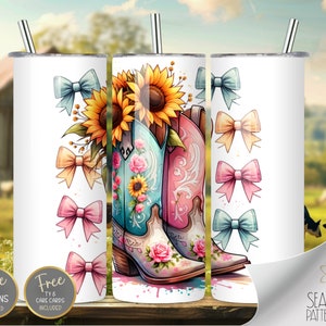 Kroket strik zonnebloem 20oz magere beker wrap, sublimatie ontwerp, digitale download png, Americana beker wrap png, cowgirl boot beker