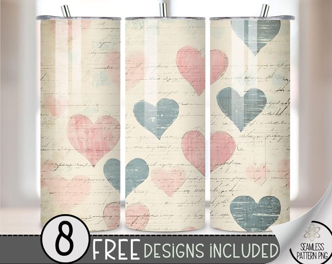 Valentines Tumbler Wrap PNG, Continuous Heart 20oz Skinny Seamless Tumbler Wrap PNG, Love Sublimation Tumbler Template, V Day Writing File