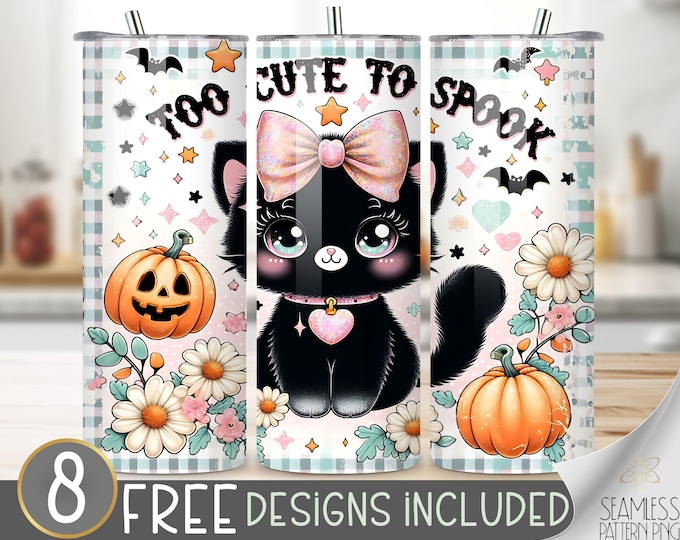 Too Cute To Spook Tumbler Wrap, Halloween Cat Ghost Pumpkin Sublimation, 20oz Skinny Tumbler Design PNG, Cute Halloween Sublimation Wrap