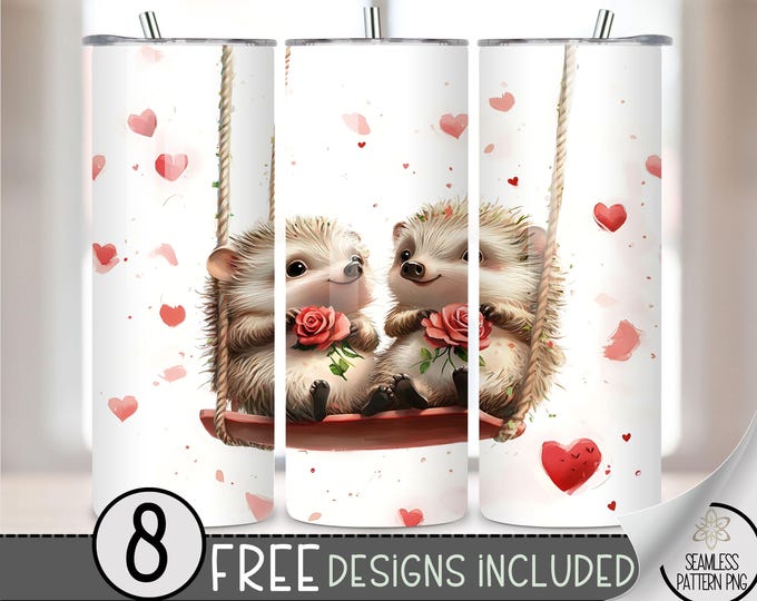 Romantic Hedgehog Tumbler Wrap, Boho Swing 20oz Skinny Tumbler Sublimation Design, Valentines Tumbler Wrap File, Seamless Love PNG