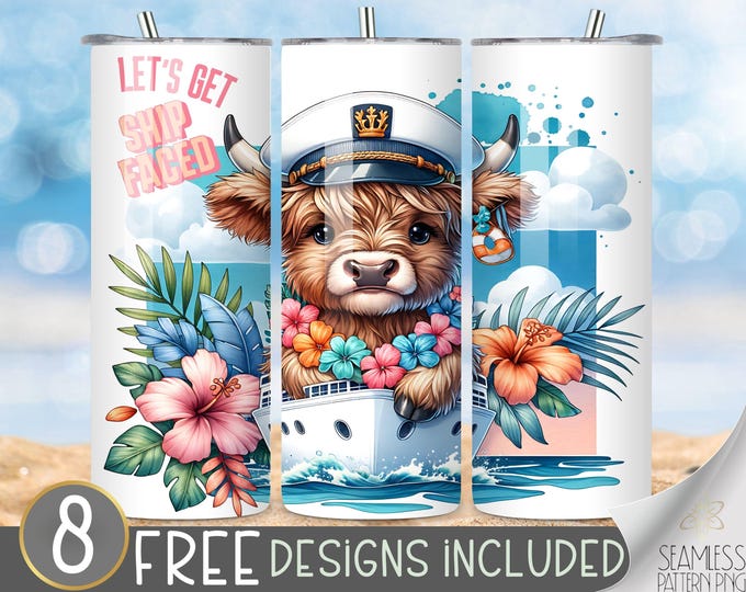 Highland Cow Cruise Tumbler Wrap, Lets Get Ship Faced File, Tropical 20oz Tumbler Wrap,Beach Boat Tumbler PNG,Vacation Cruise Sublimation