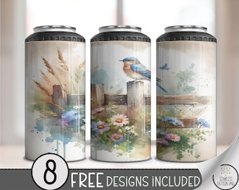 Bluebird 4-in-1 Can Cooler Wrap, Bird Fence Sublimation Design, Rustic Spring 16 oz 4-in-1 File, Digital Download, B10232