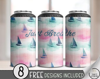 Just Breathe 4-in-1 Can Cooler Wrap PNG, 16 oz Sailboat Sublimation Wrap, Nautical Summer Drink Holder PNG, Beach Tumbler Design, A315