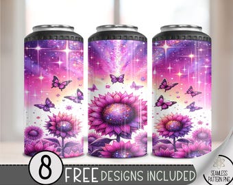 Sparkly Sunflower 4 in 1 Can Cooler Wrap, Neon 4in1 Tumbler PNG, Floral 16 Oz Can Cooler Sublimation Design, Seamless Glitter 16 oz Wrap, A8