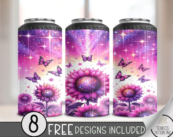 Sparkly Sunflower 4 in 1 Can Cooler Wrap, Neon 4in1 Tumbler PNG, Floral 16 Oz Can Cooler Sublimation Design, Seamless Glitter 16 oz Wrap, A8