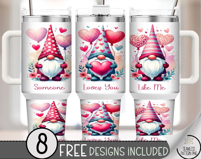 Cute Valentine 40 oz tumbler Wrap, Sublimation Design, Festive PNG Files, Vday 40oz Tumbler Design, Heart Gnomes, A714