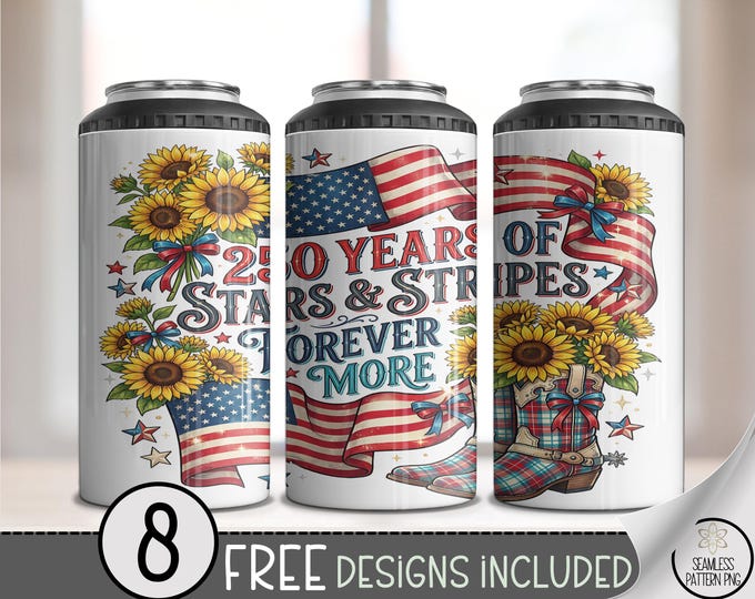 Patriotic 4in1 Can Cooler Wrap, American Flag Sublimation Design, 250 Years of Freedom 16 oz 4-in-1 File, B10145
