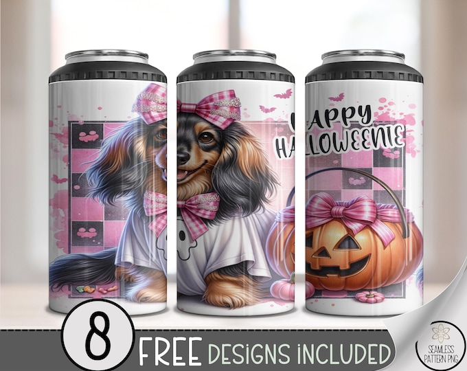 Pink Halloween Can Cooler Wraps, Cute Dog and Pumpkin Design, Festive Drink Wrap File, 4-in-1 Can Wrap, Reusable Beverage Sleeve, A430