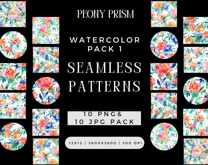 Digital Watercolor Peony Prism Seamless PNG JPG Bundle, Floral Sublimation Spring Summer Wedding File Colorful Repeating Pattern Commercial