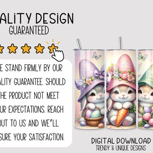 May include: Three sublimation designs for 20 oz tumblers featuring cute cartoon bunnies wearing hats and holding Easter-themed items. The designs include a purple hat with a bow, a pink hat with flowers, and a green hat with a flower.