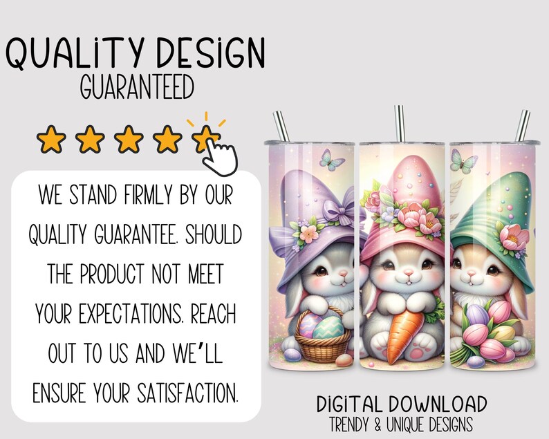 May include: Three sublimation designs for 20 oz tumblers featuring cute cartoon bunnies wearing hats and holding Easter-themed items. The designs include a purple hat with a bow, a pink hat with flowers, and a green hat with a flower.