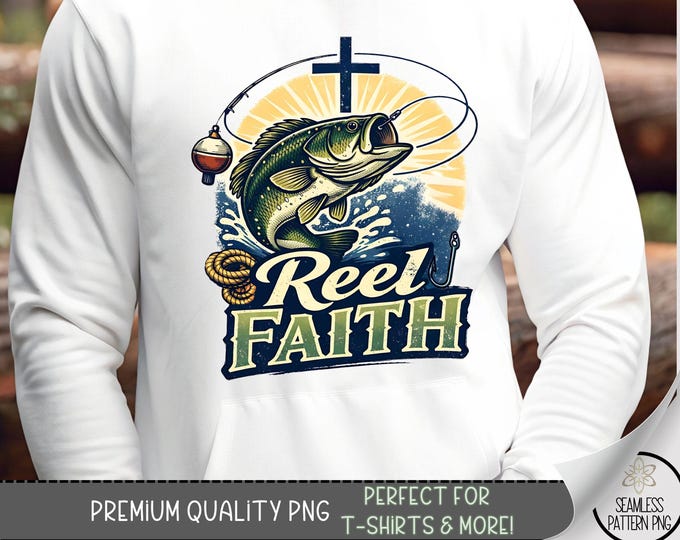 Bass Fishing T-shirt PNG, Reel Faith Sublimation Design, Rustic Outdoor DTF Shirt Graphic, Vintage TShirt File For Guys B10040