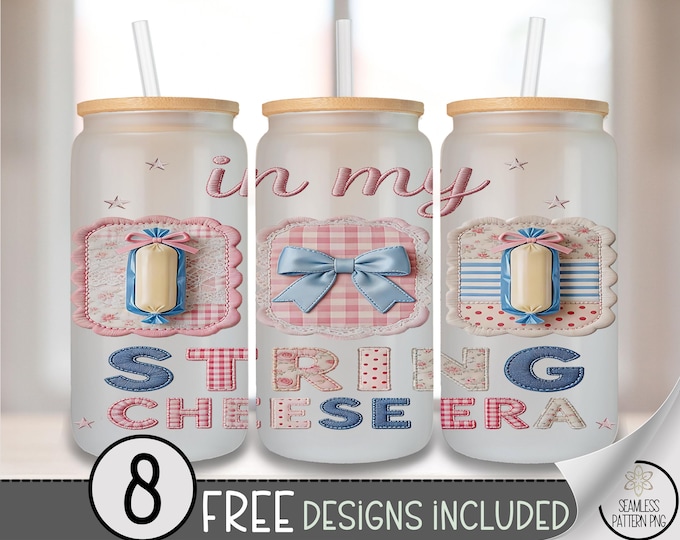 In My String Cheese Era Glass Can Wrap, 16oz Tumbler Sublimation Design, Cute Faux Patchwork PNG File, Trendy Glass Design Download B10101