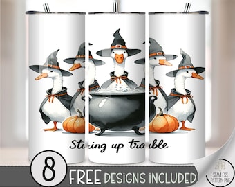 20oz Tumbler Wrap Stirring Up Trouble Goose PNG, Funny Halloween Duck Sublimation, Witch Hat Pumpkin Skinny Tumbler Wrap, A364