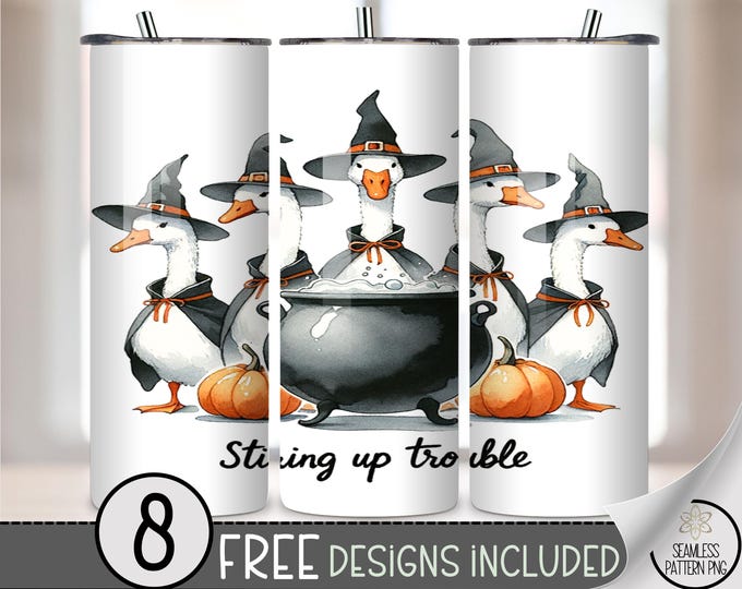 20oz Tumbler Wrap Stirring Up Trouble Goose PNG, Funny Halloween Duck Sublimation, Witch Hat Pumpkin Skinny Tumbler Wrap, A364
