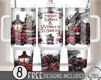 Dragon 40 oz Tumbler Wrap, Fantasy Design for Sublimation, Dragon Sublimation PNG for 40oz Quencher Tumbler, Floral Castle Book PNG, A85