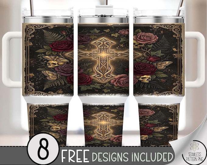 Gothic Cross Skull 40oz Tumbler Wrap, Dark Red Rose Sublimation Design, Digital Download, B10474
