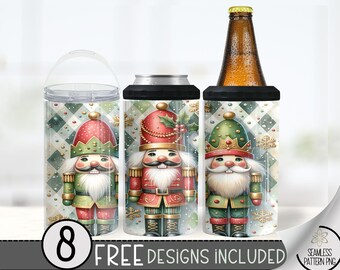 Nutcracker 4in1 Can Cooler Wrap, Christmas Nutcracker Design, Xmas 4 in 1 Tumbler PNG, Seamless Festive 16 Oz Can Cooler Sublimation Design