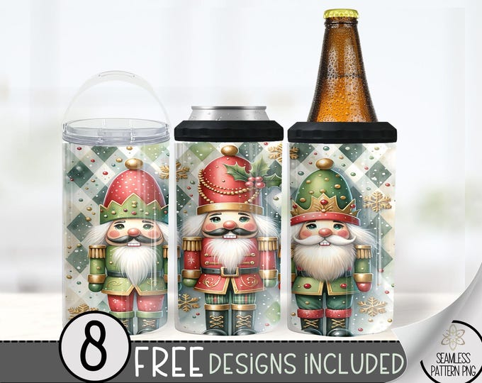 Nutcracker 4in1 Can Cooler Wrap, Christmas Nutcracker Design, Xmas 4 in 1 Tumbler PNG, Seamless Festive 16 Oz Can Cooler Sublimation Design