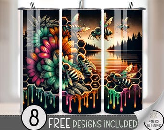 Bee Honeycomb 20 oz Tumbler Wrap PNG, Sweet Honey Design, Cute Floral, Digital Download for Sublimation, A823