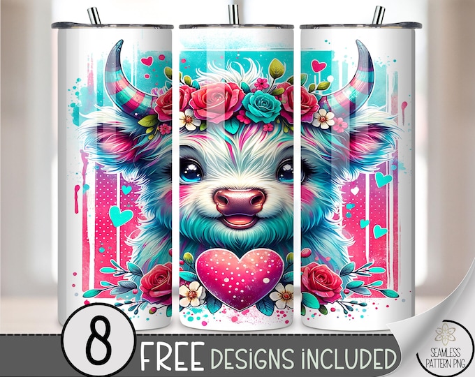 Valentine's Day Highland Cow 20 oz Tumbler Wrap PNG, Y2K Vday Teal and Pink Sublimation, Digital Download, B675