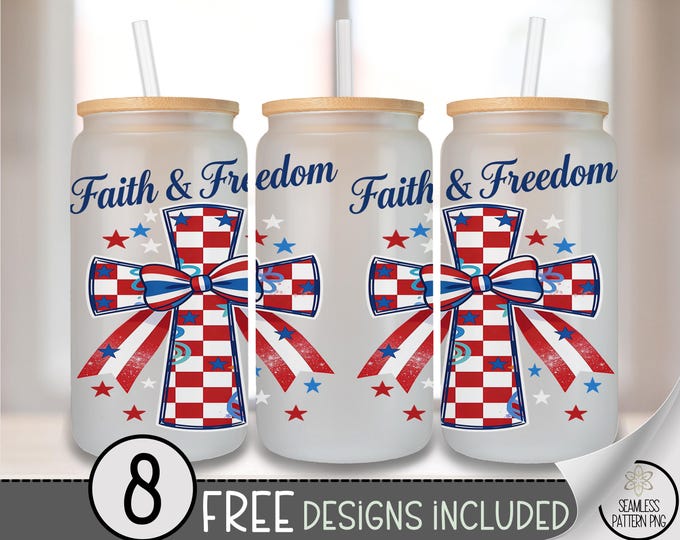 Christian Cross Glass Can Wrap, Patriotic 16oz Glass Tumbler Sublimation Design, Americana PNG File, B10163