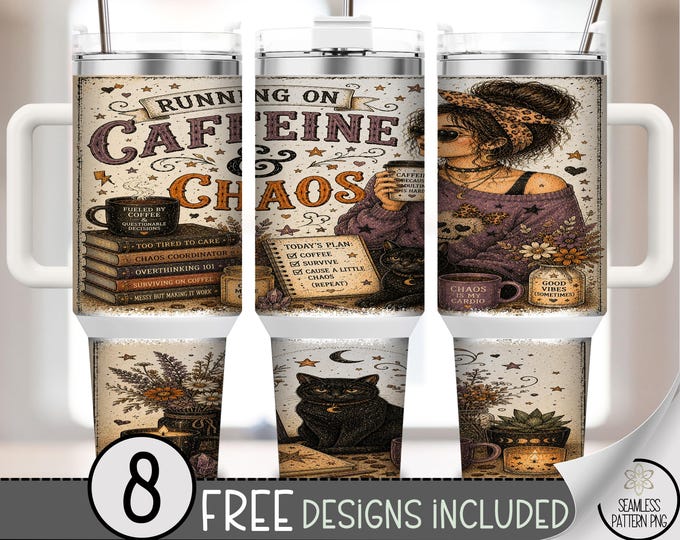 Halloween 40 oz Tumbler Wrap, Witch Caffeine Chaos Sublimation Design, Spooky Coffee Mug PNG, Digital Download, B10371