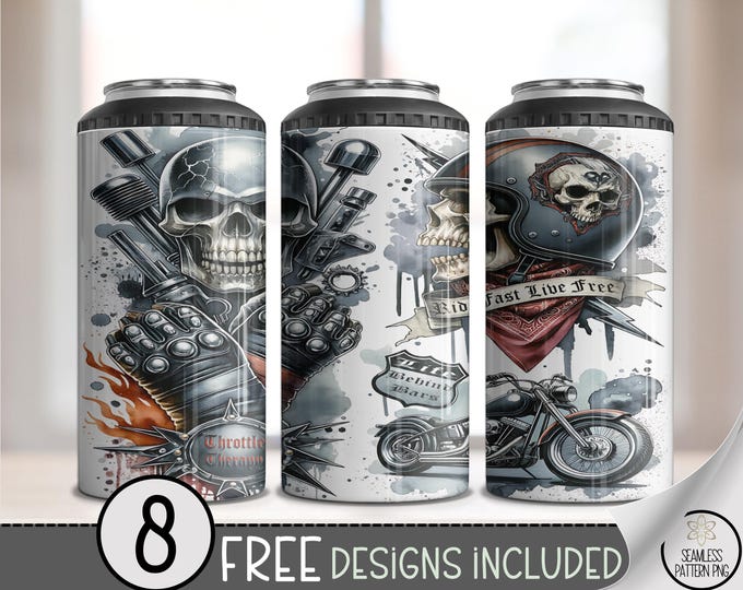 Gothic Skull Motorcycle Can Cooler Wraps - 4 in 1 Set, Tattoo Style Beverage Insulators, Edgy Drink Accessory, 8 Designs Included A410