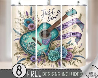 Just A Girl Who Loves Country Music Tumbler Wrap,Cowgirl Skinny Tumbler Sublimation Design, Western Tumbler PNG Digital File,Guitar 20oz PNG