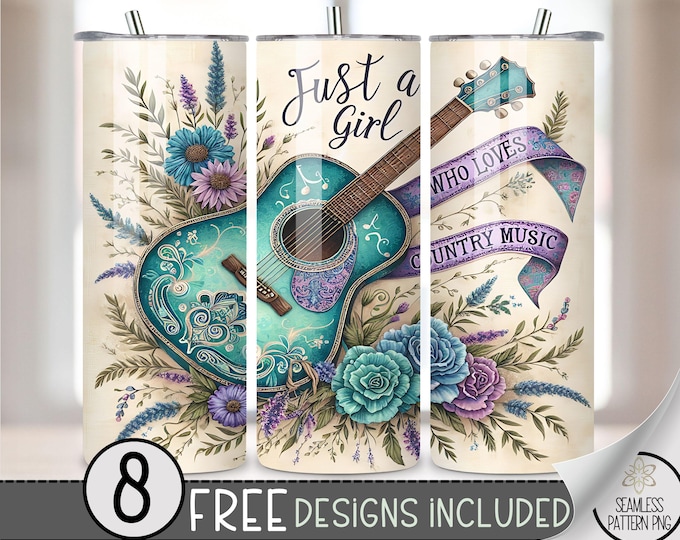 Just A Girl Who Loves Country Music Tumbler Wrap,Cowgirl Skinny Tumbler Sublimation Design, Western Tumbler PNG Digital File,Guitar 20oz PNG