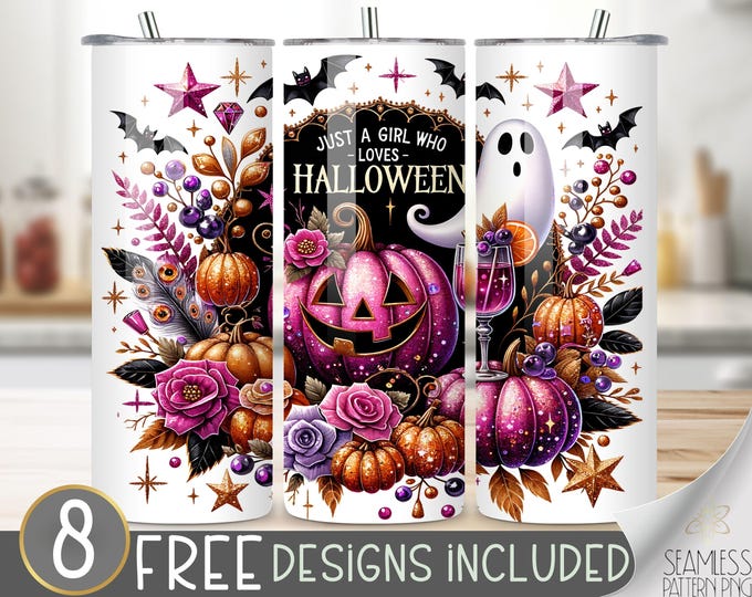 Just A Girl Who Loves Halloween Tumbler Wrap, Glam Skeleton Witch, Halloween 20 Oz Skinny Tumbler PNG, Pumpkin Sublimation Digital Download