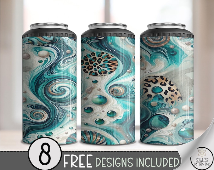 Teal 4in1 Can Cooler Wrap, Modern Sublimation Design with Turquoise and Gray Leopard Swirls, Bold Abstract Printable File, A572