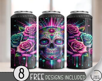 Vibrant Skull 4-in-1 Tumbler Wrap PNG, Digital Download for Sublimation, Neon Skull and Flowers, Teal and Pink, A589